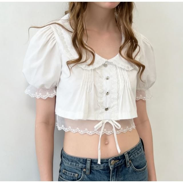 Puff Sleeve Peter Pan Collar Lace Trim Crop Blouse in Solid