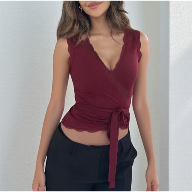 V-Neck Lace Trim Tie Waist Slim Crop Tank Top