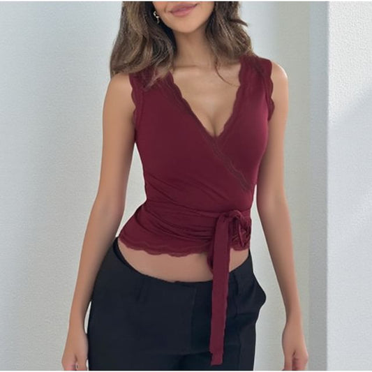 Lace-Trim V-Neck Tie-Waist Crop Tank