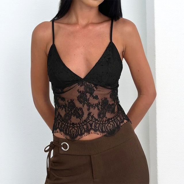 V-Neck Plain Lace Panel Crop Camisole Top