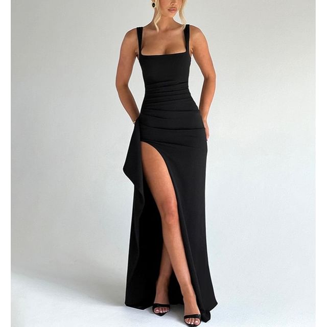 Sleeveless Square Neck Plain Slit Maxi Dress