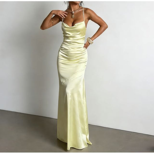 Spaghetti Strap Cowl Neck Plain Open-Back Satin Maxi Bodycon Dress