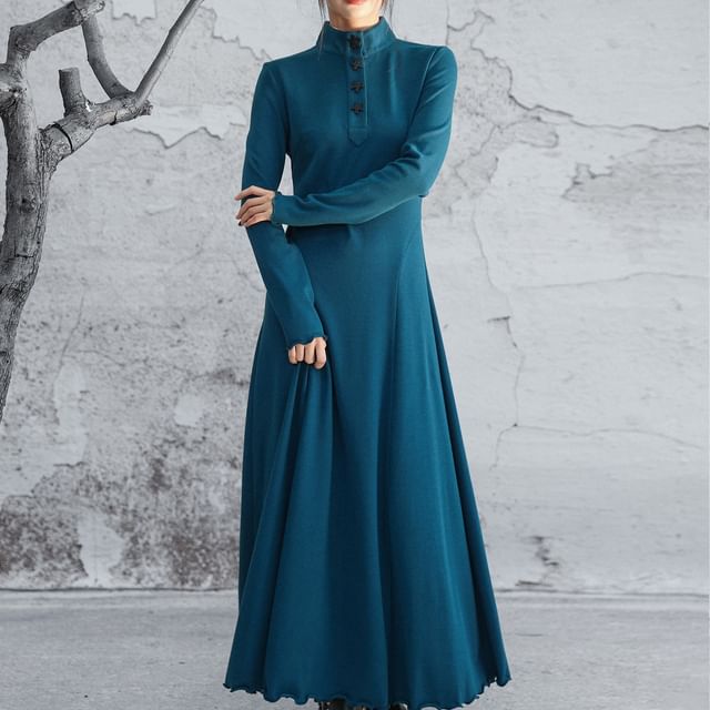 Long-Sleeve Stand Collar Plain Lettuce Edge Maxi A-Line Dress