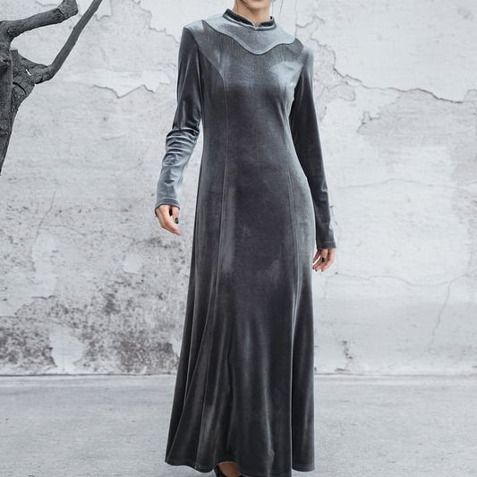 Long-Sleeve Stand Collar Plain Fringed Velvet Maxi Mermaid Dress