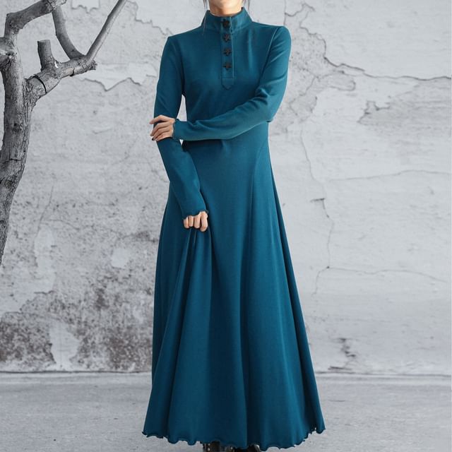 Long-Sleeve Stand Collar Plain Lettuce Edge Maxi A-Line Dress