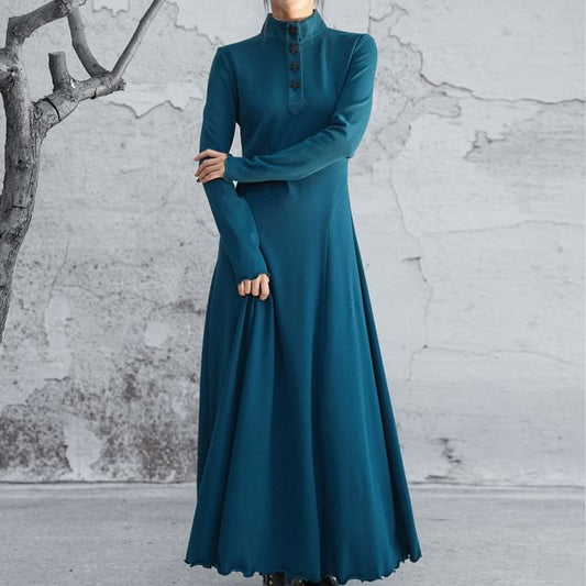 Long-Sleeve Stand Collar Plain Lettuce Edge Maxi A-Line Dress