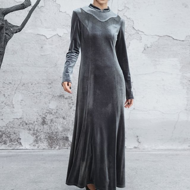 Long-Sleeve Stand Collar Plain Fringed Velvet Maxi Mermaid Dress