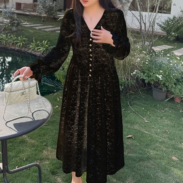 [XL-4XL] Long-Sleeve V-Neck Lace Maxi A-Line Dress