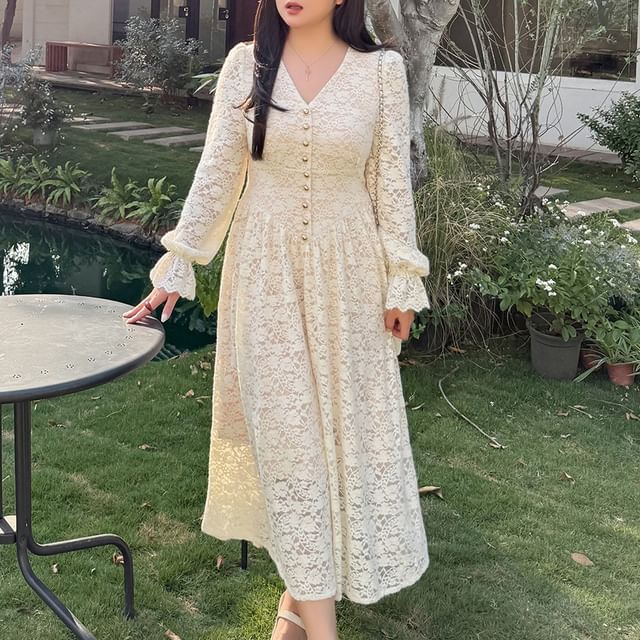 [XL-4XL] Long-Sleeve V-Neck Lace Maxi A-Line Dress