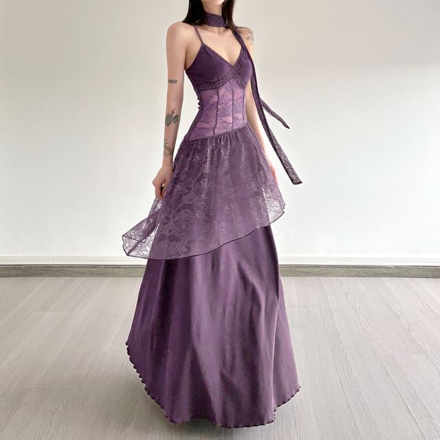 Spaghetti Strap V-Neck Plain Lace Panel Maxi A-Line Dress