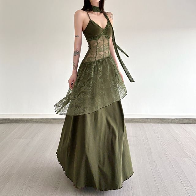 Spaghetti Strap V-Neck Plain Lace Panel Maxi A-Line Dress