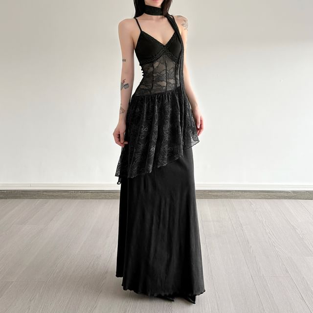 Spaghetti Strap V-Neck Plain Lace Panel Maxi A-Line Dress