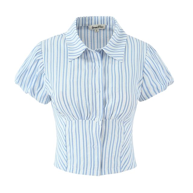 Striped Slim-Fit Button-Up with Puffed Sleeves