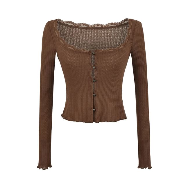 Long Sleeve Square Neck Plain Lace-Trim Perforated Slim-Fit Light Cardigan