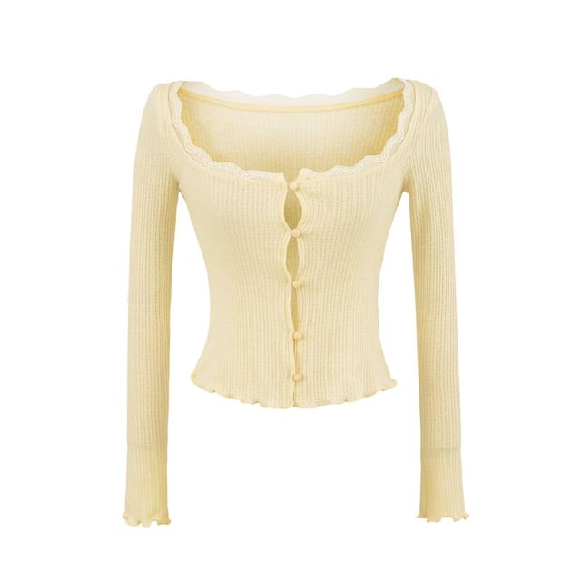 Long Sleeve Square Neck Plain Lace-Trim Perforated Slim-Fit Light Cardigan