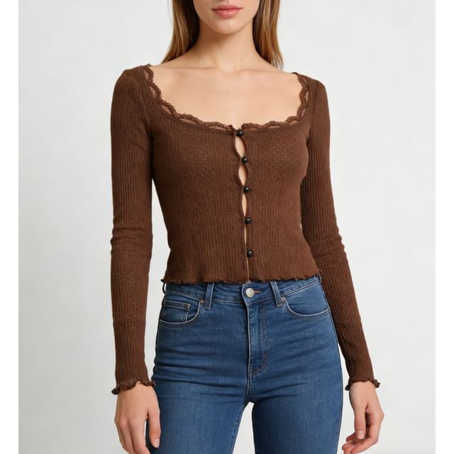 Long Sleeve Square Neck Plain Lace-Trim Perforated Slim-Fit Light Cardigan
