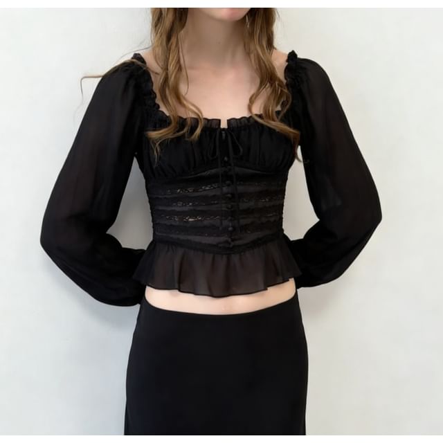 Square-Neck Puff-Sleeve Blouse with Lace Ruffle Trim