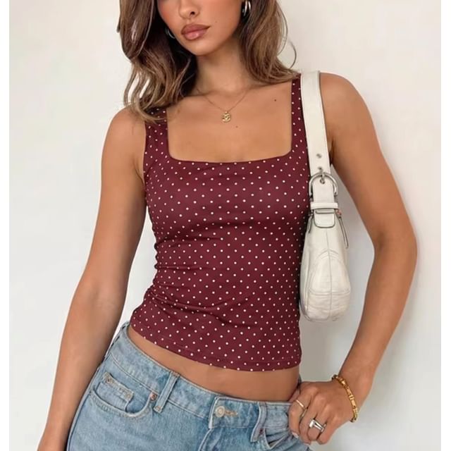 Dotted Square-Neck Slim-Fit Crop Tank