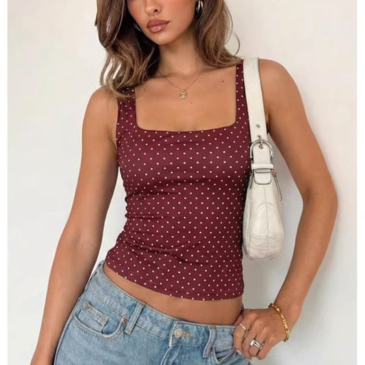 Dotted Square-Neck Slim-Fit Crop Tank