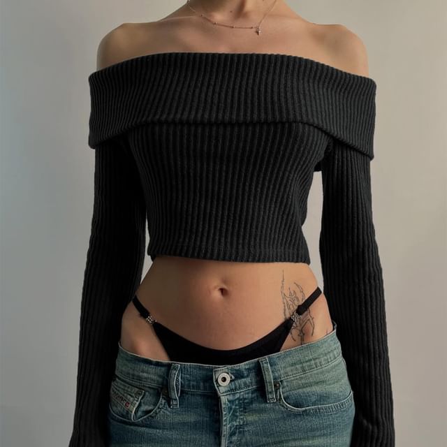 Ribbed Knit Off-Shoulder Crop Top, Long Sleeves