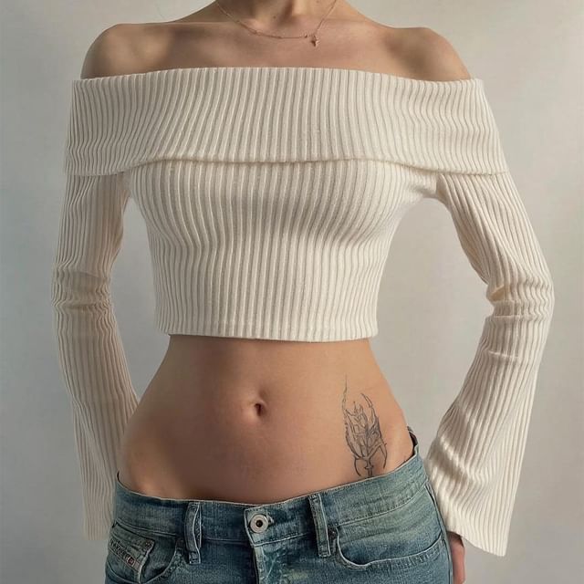 Ribbed Knit Off-Shoulder Crop Top, Long Sleeves