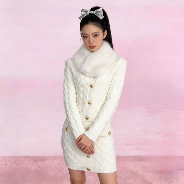 Set: Fluffy Collar V-Neck Button-Up Cardigan + High Waist Mini Knit Skirt