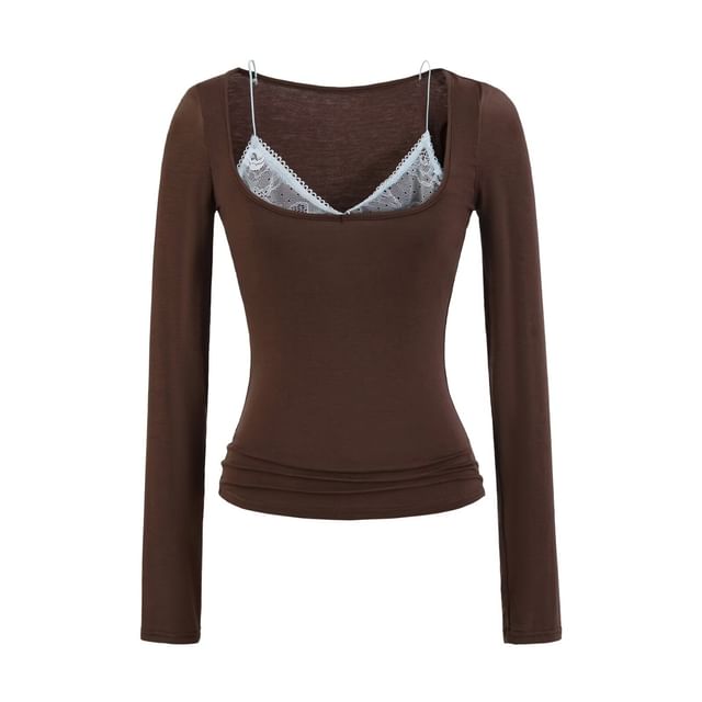 Scoop Neck Lace Panel Slim-Fit Long-Sleeve Mock Two-Piece