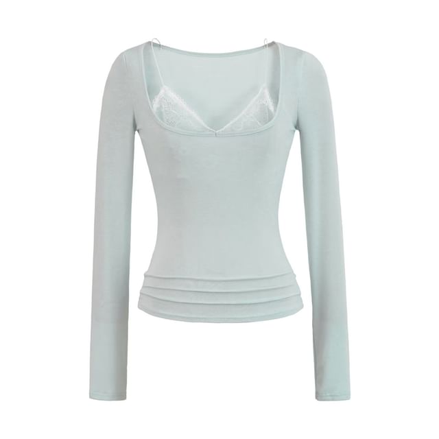 Scoop Neck Lace Panel Slim-Fit Long-Sleeve Mock Two-Piece
