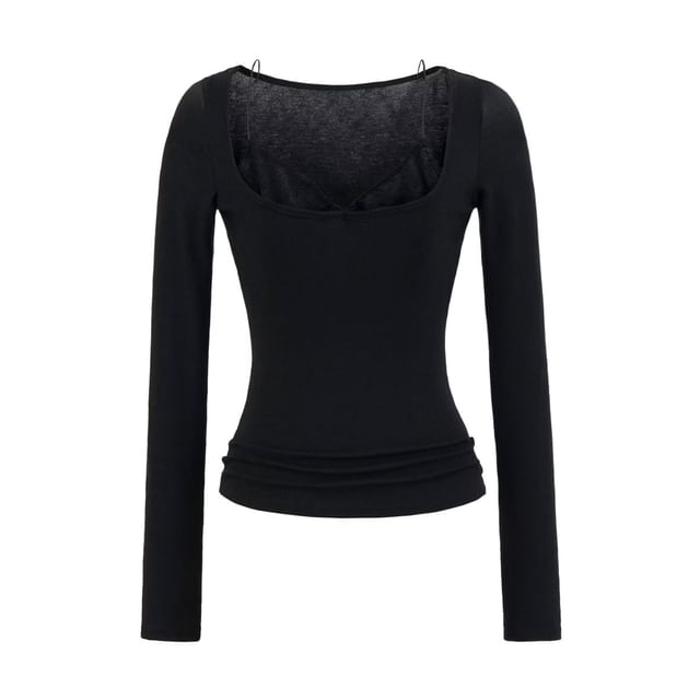 Scoop Neck Lace Panel Slim-Fit Long-Sleeve Mock Two-Piece