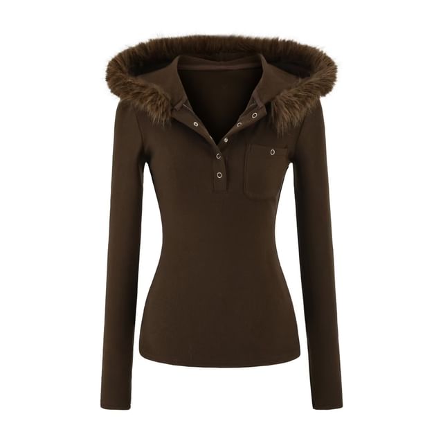 Fluffy Trim Half-Buttoned Slim-Fit Hoodie