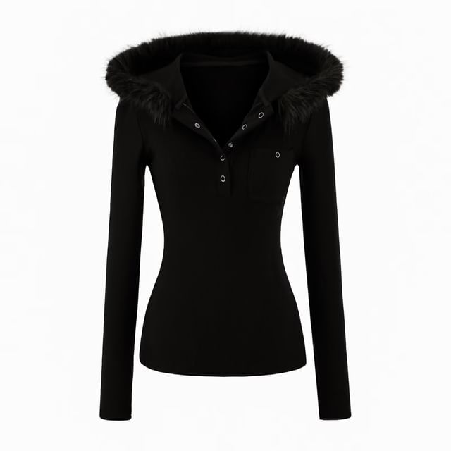 Fluffy Trim Half-Buttoned Slim-Fit Hoodie