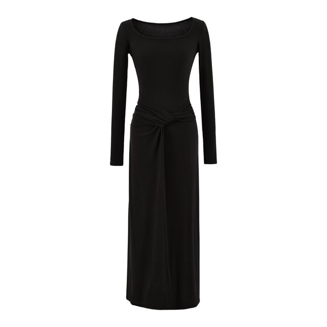 Long-Sleeve Scoop Neck Plain Ruched Maxi Sheath Dress