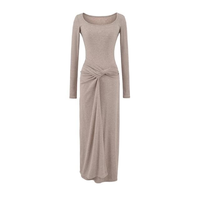 Long-Sleeve Scoop Neck Plain Ruched Maxi Sheath Dress