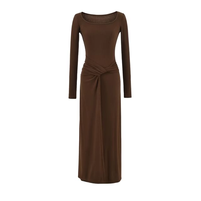 Long-Sleeve Scoop Neck Plain Ruched Maxi Sheath Dress