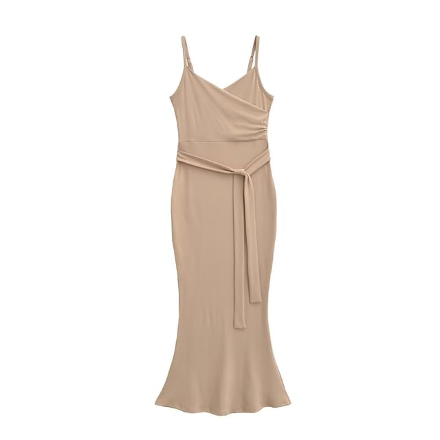 Spaghetti Strap V-Neck Plain Wrap Maxi Bodycon Dress