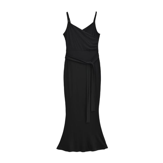 Spaghetti Strap V-Neck Plain Wrap Maxi Bodycon Dress