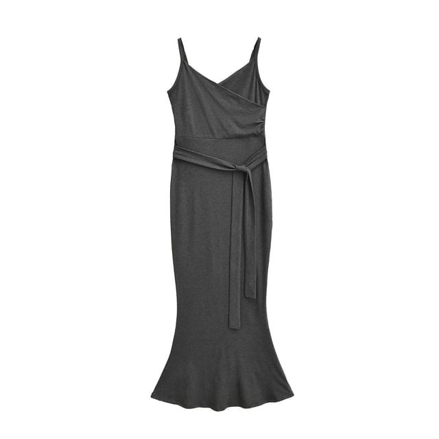 Spaghetti Strap V-Neck Plain Wrap Maxi Bodycon Dress