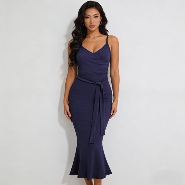 Spaghetti Strap V-Neck Plain Wrap Maxi Bodycon Dress