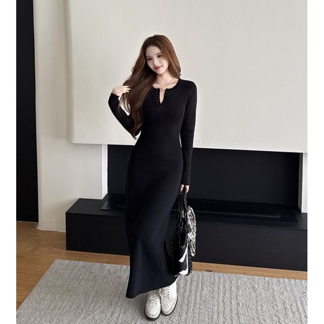 Long-Sleeve Crew Neck Half-Buttoned Plain Maxi Sheath Knit Dress