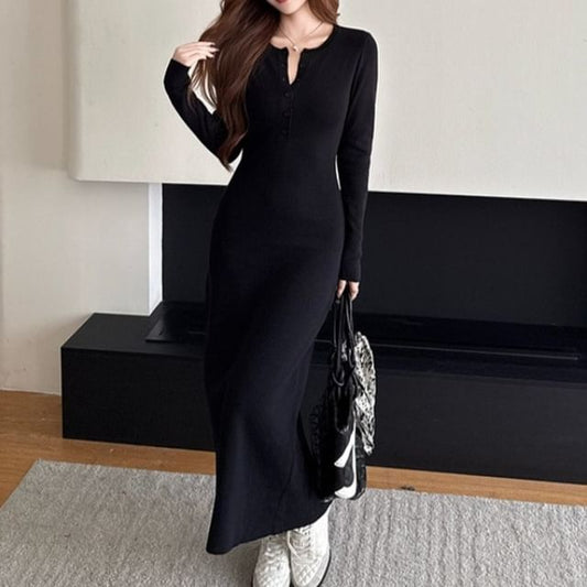 Long-Sleeve Crew Neck Half-Buttoned Plain Maxi Sheath Knit Dress