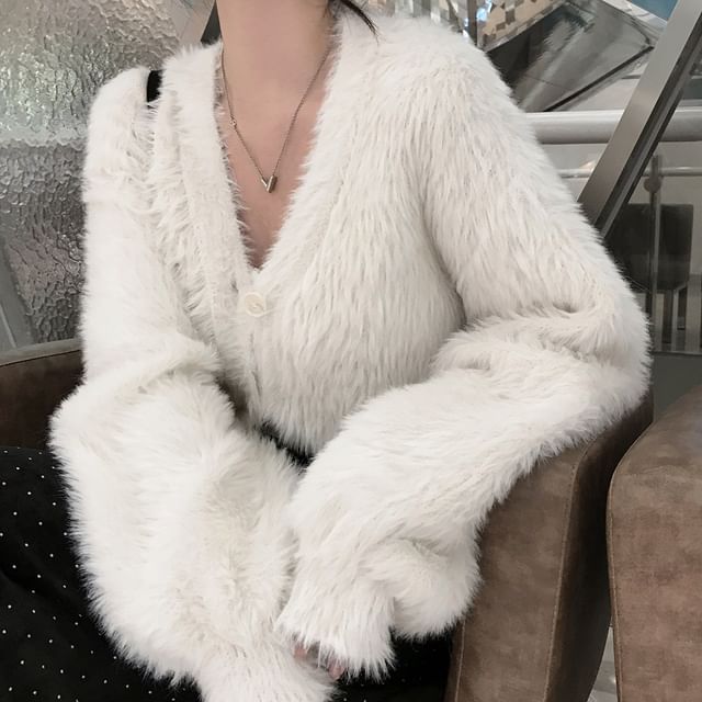 V-Neck Fluffy Button-Up Plain Crop Cardigan