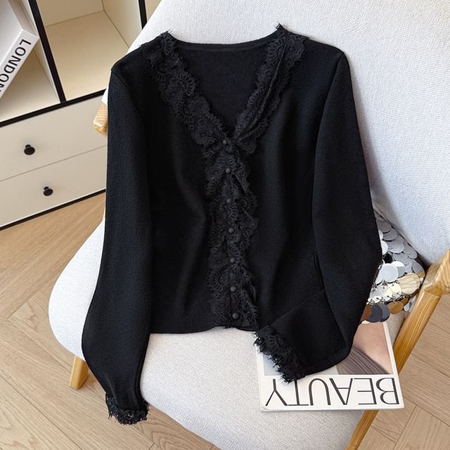 V-Neck Lace Panel Button-Up Plain Crop Cardigan