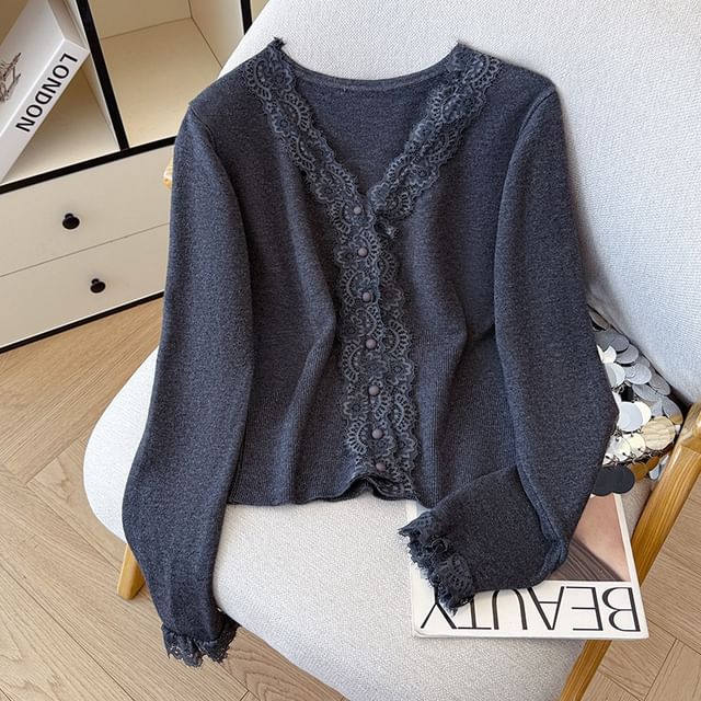 V-Neck Lace Panel Button-Up Plain Crop Cardigan