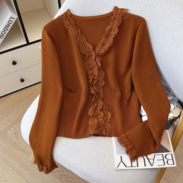 V-Neck Lace Panel Button-Up Plain Crop Cardigan