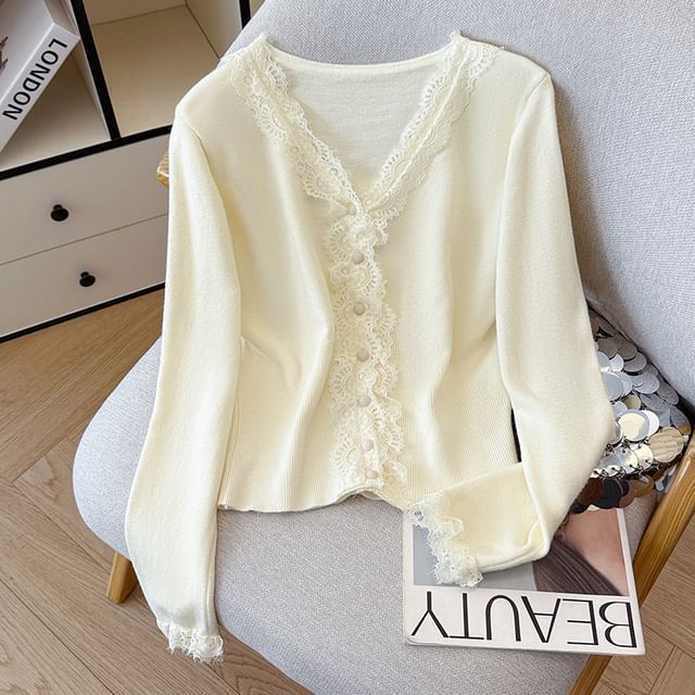 V-Neck Lace Panel Button-Up Plain Crop Cardigan