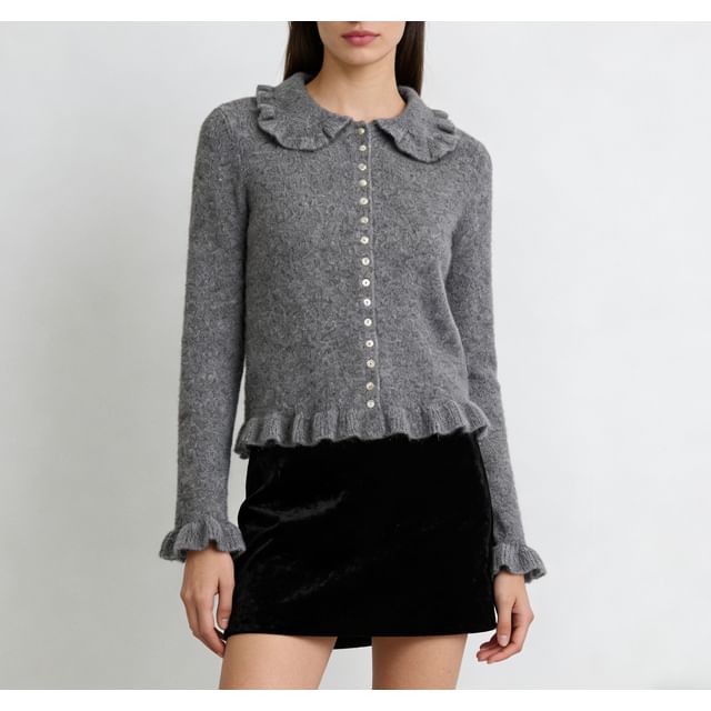 Long Sleeve Peter Pan Collar Plain Ruffled-Trim Cardigan
