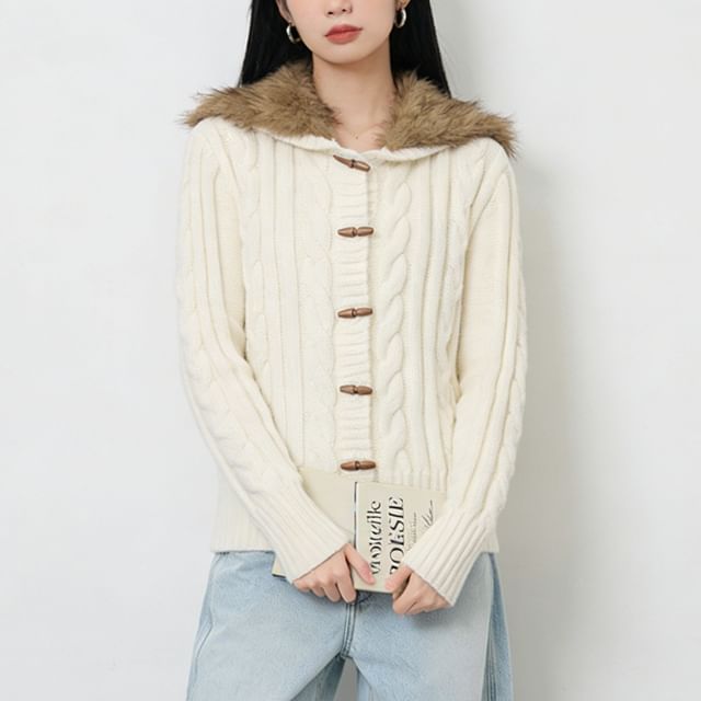 Fluffy Panel Hooded Toggle Cable Knit Cardigan