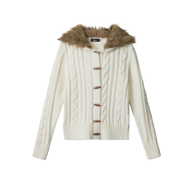 Fluffy Panel Hooded Toggle Cable Knit Cardigan