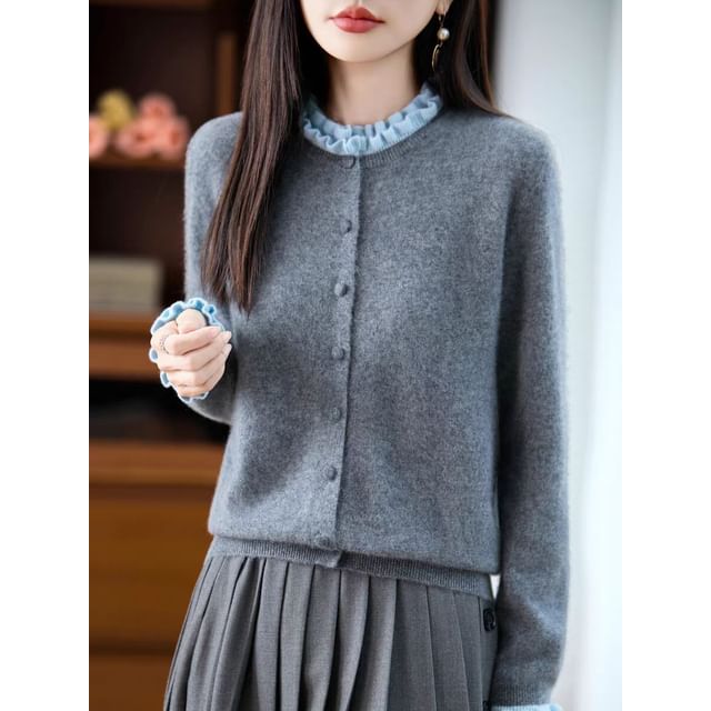 Crew Neck Contrast Frill Trim Button-Up Cardigan