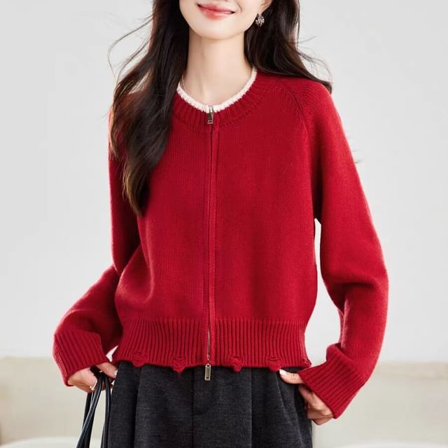Crew Neck Contrast Trim Distressed Zip-Up Cardigan